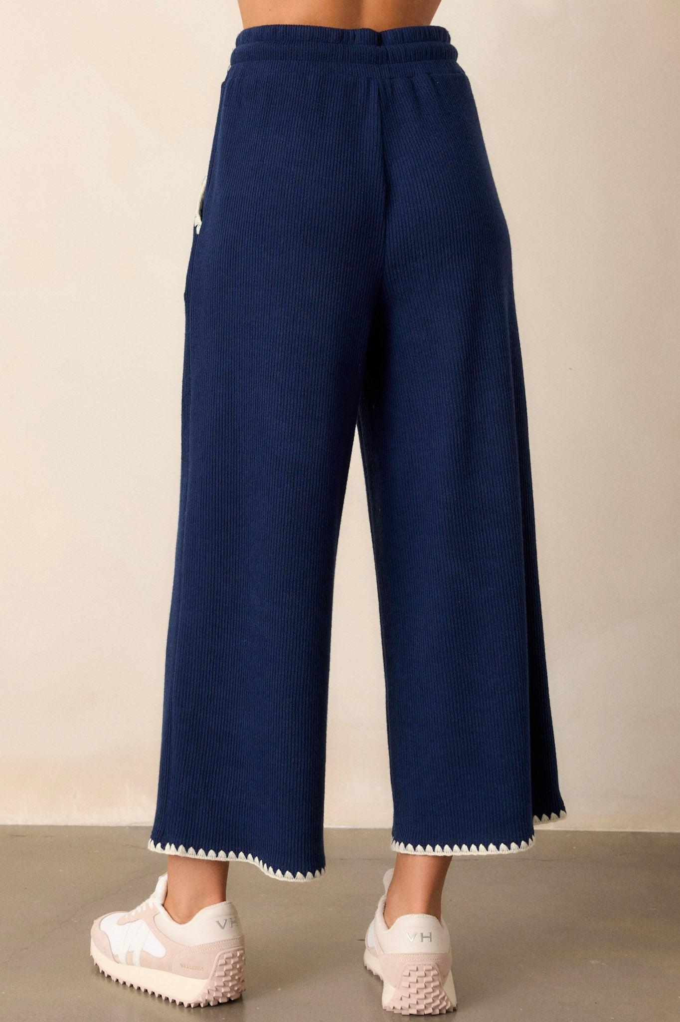 Anytime Now Navy Blanket Stitch Wide Leg Pants Product Image