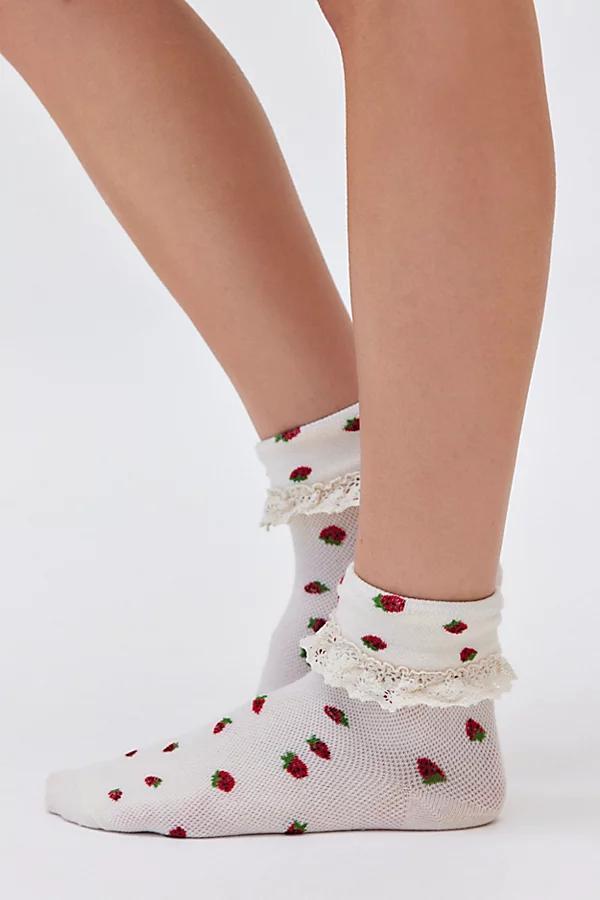 Strawberry Ruffle Foldover Sock Womens at Urban Outfitters Product Image