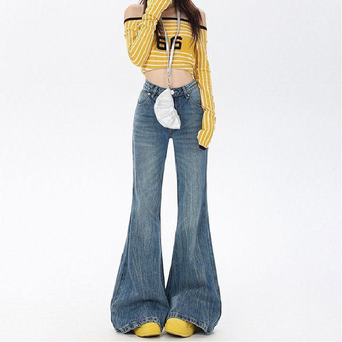 High Waist Washed Flared Jeans (Various Designs) Product Image