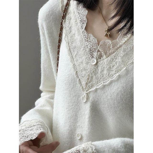 Long-Sleeve V-Neck Lace Panel Button Accent Knit Top Product Image