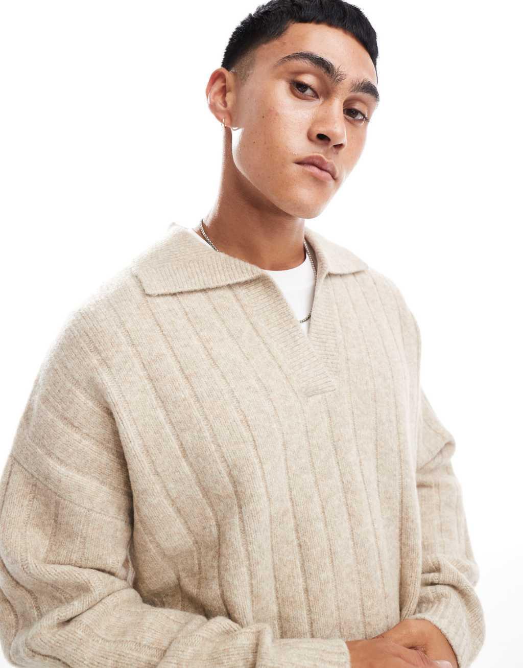 ASOS DESIGN oversized rib knit notch neck sweater in heathered stone Product Image