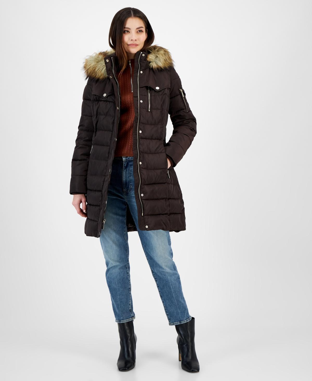 Michael Michael Kors Womens Petite Faux-Fur-Trim Hooded Puffer Coat, Created for Macys Product Image