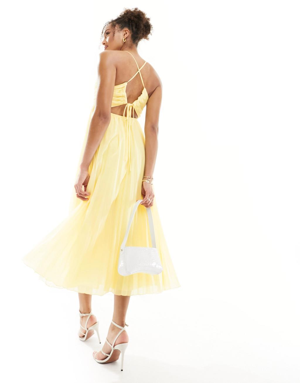 ASOS DESIGN pleated bodice strappy pleat midi dress with tie back detail in lemon Product Image