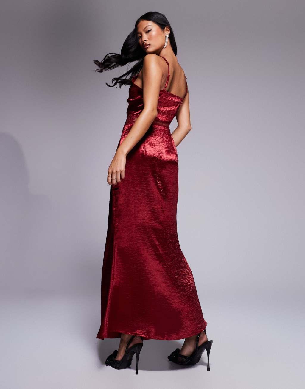 Never Fully Dressed Petite Mimi lace cut-out slip midaxi dress in oxblood Product Image