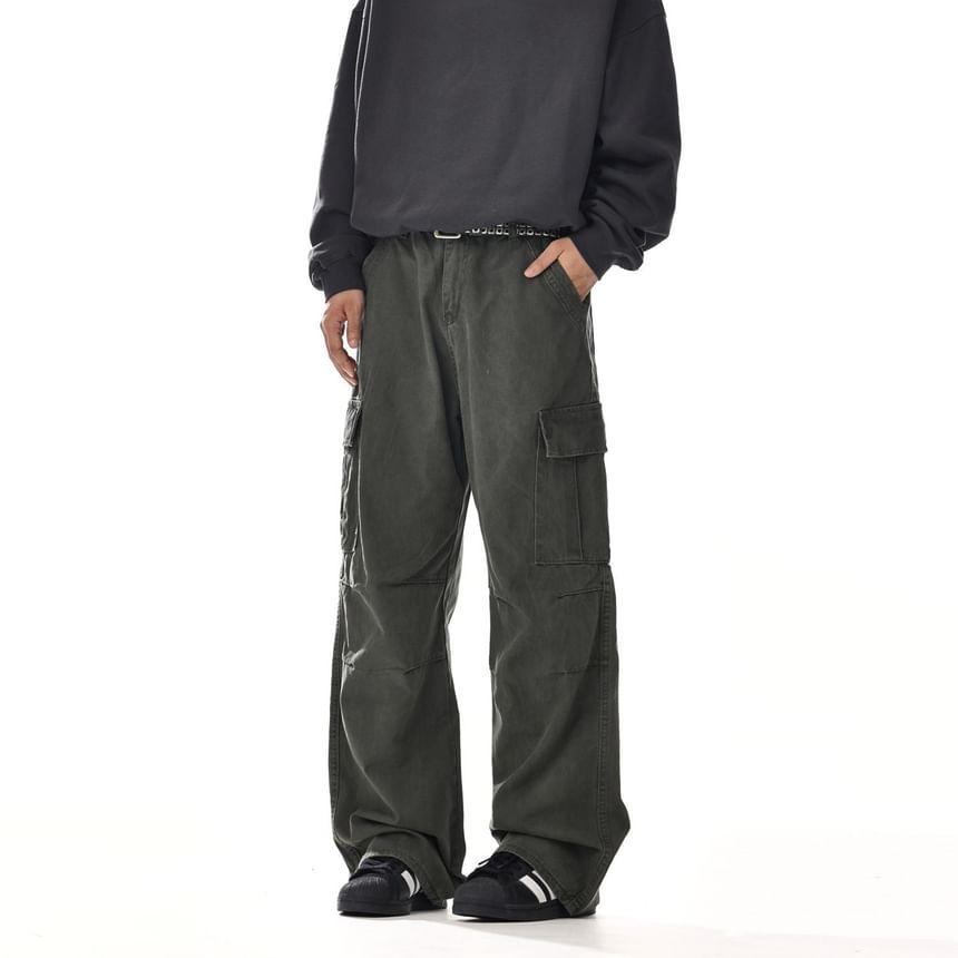 Mid Rise Plain Wide Leg Cargo Pants Product Image