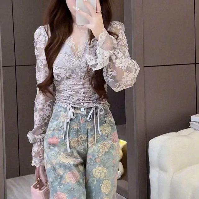 V-Neck Floral Drawstring Lace Blouse Product Image