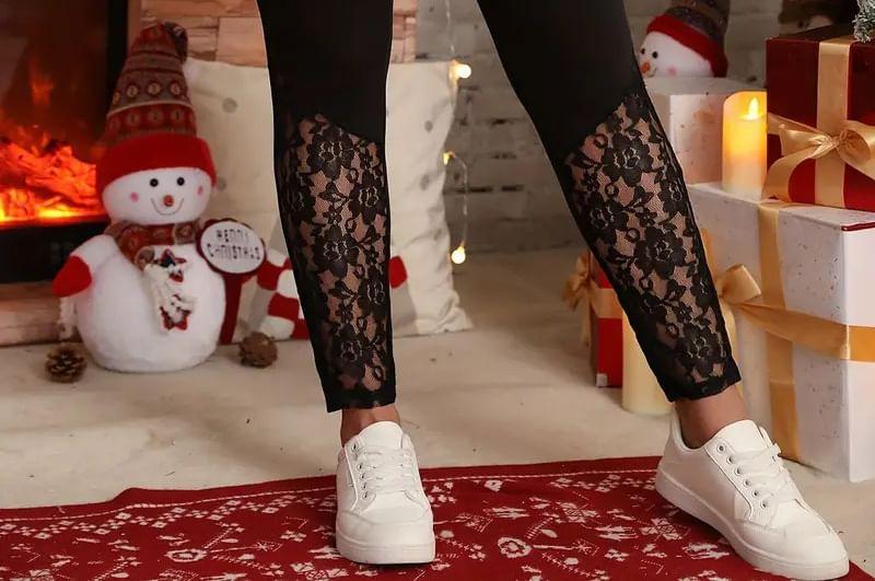 Plus Size High Waist Plain Lace Panel Leggings Product Image