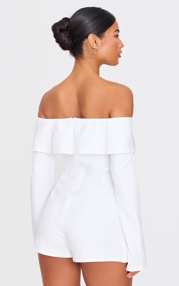 White Tailored Off The Shoulder Long Sleeve Romper Product Image