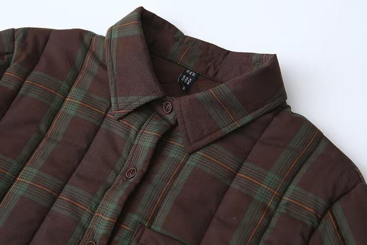 Plus Size Collar Plaid Pocket Detail Quilted Button Jacket Product Image