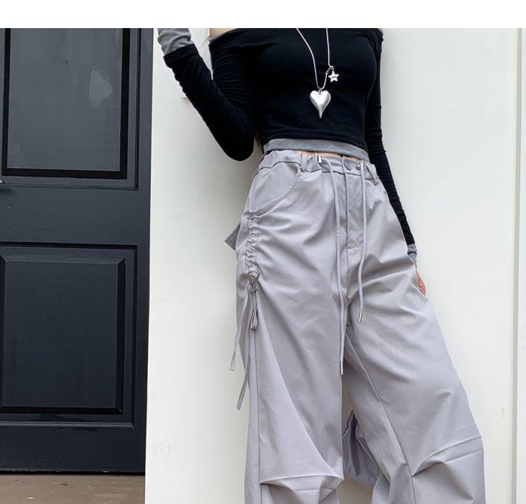 Drawstring Waist Plain Wide Leg Cargo Pants Product Image