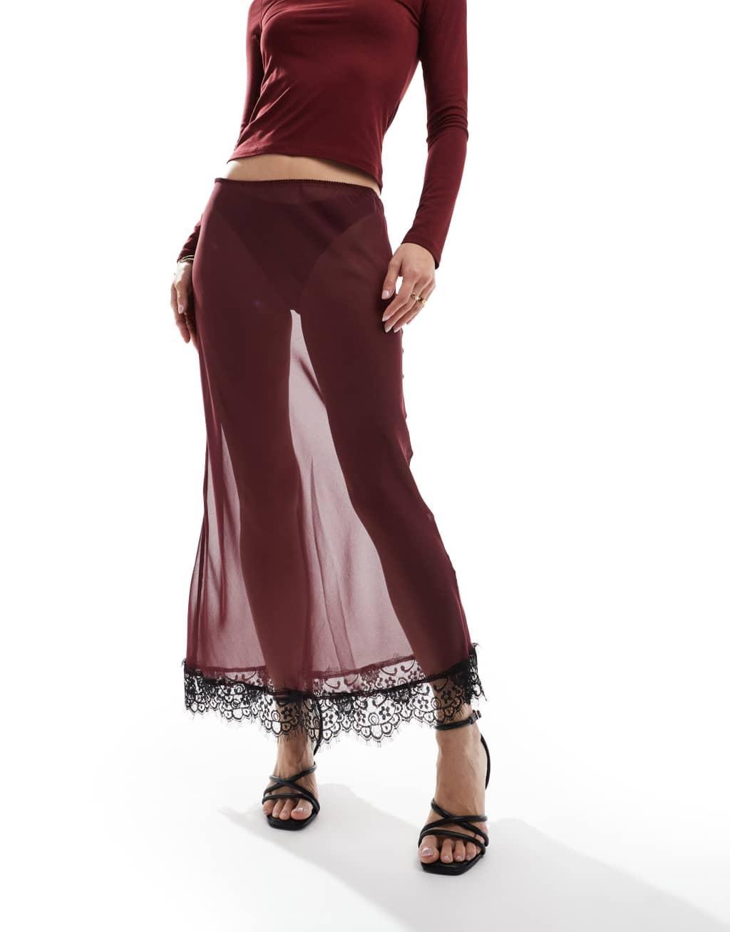 ASOS DESIGN sheer chiffon lace trim maxi skirt in burgundy Product Image