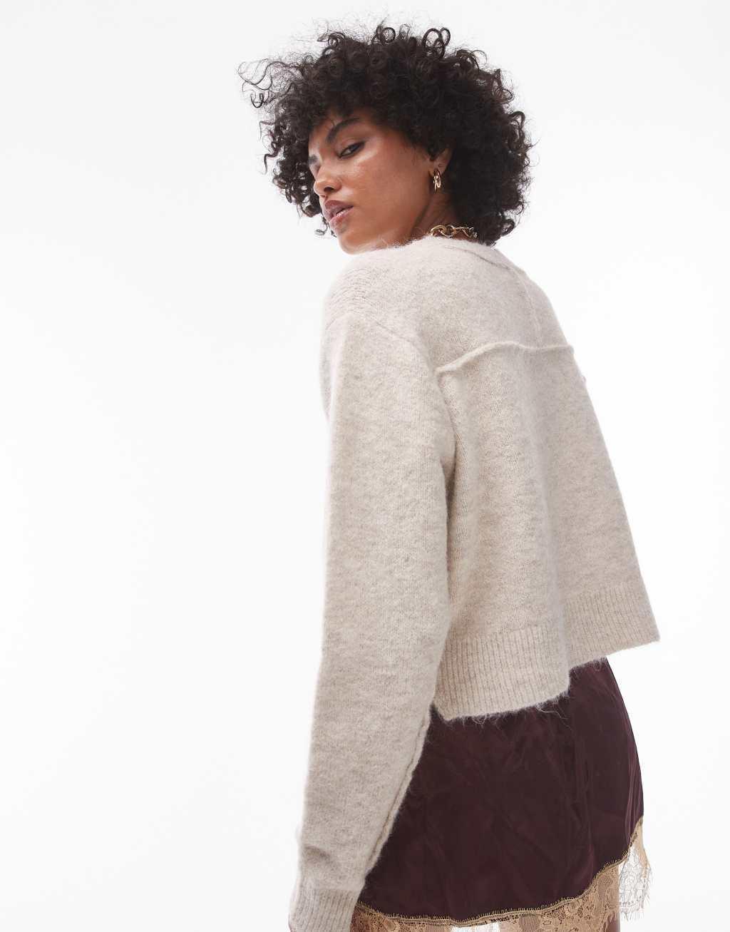 Topshop knit crew with raglan and exposed seam sweater in stone Product Image