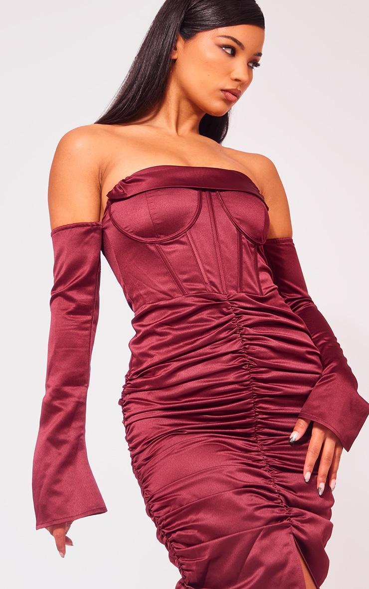 Cherry Red Premium Constructed Satin Draped Front Midi Dress Product Image