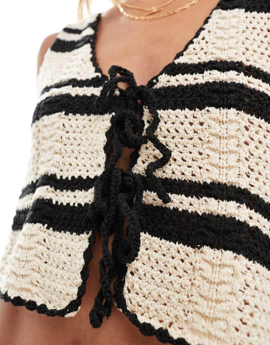 Cotton On tie front detail crochet stripe crop top Product Image