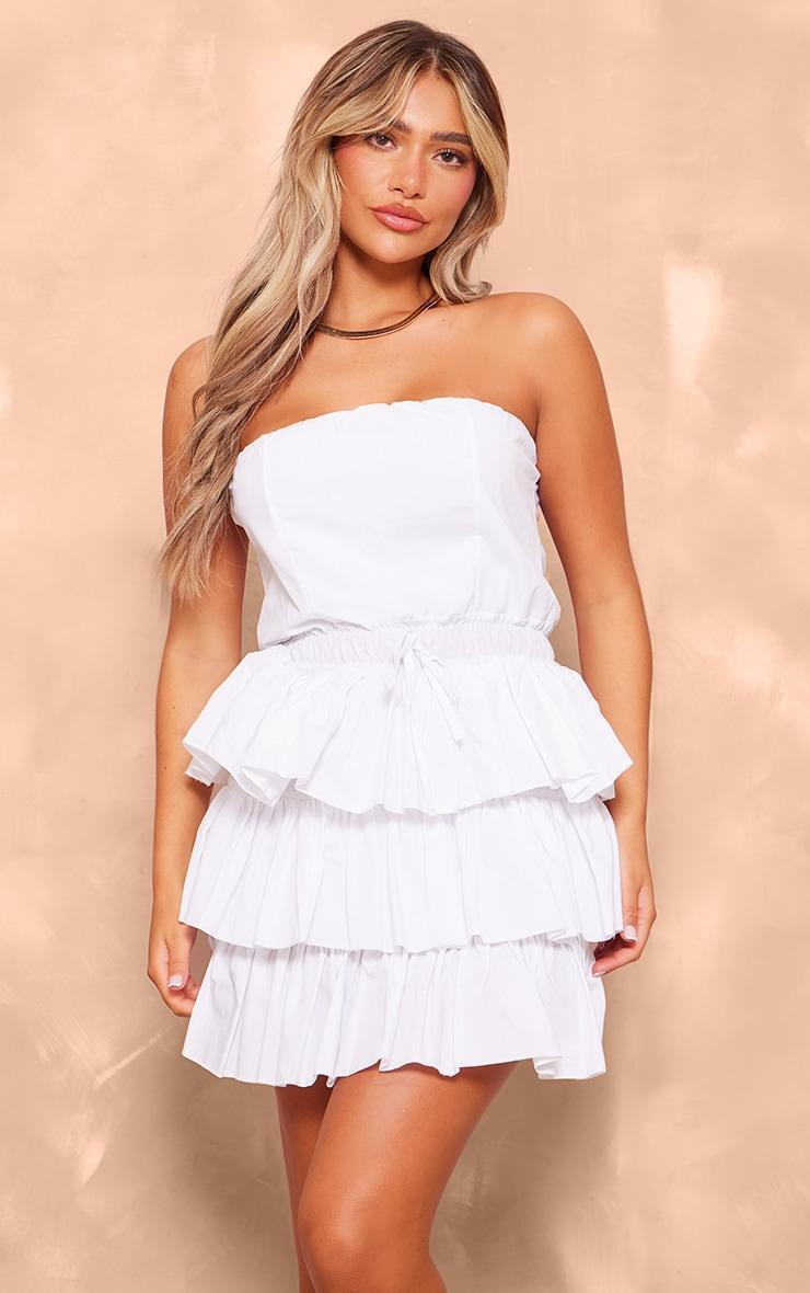 White Bandeau Tiered Elasticated Waist Mini Dress product image