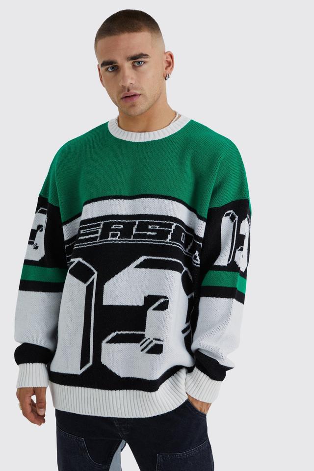 Mens Green Oversized Moto Knitted Jumper, Green Product Image