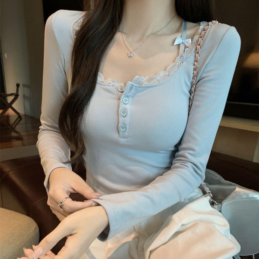 Long Sleeve Henley Plain Bow Lace Trim T-Shirt Product Image