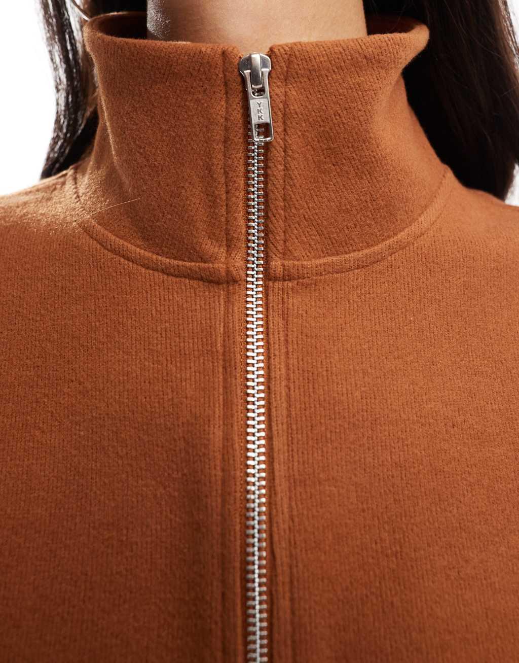 ASOS DESIGN supersoft long sleeve boxy crop half zip sweater in tan Product Image