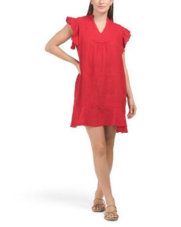 Linen Flutter Sleeve Crochet Detail Mini Dress For Women Product Image