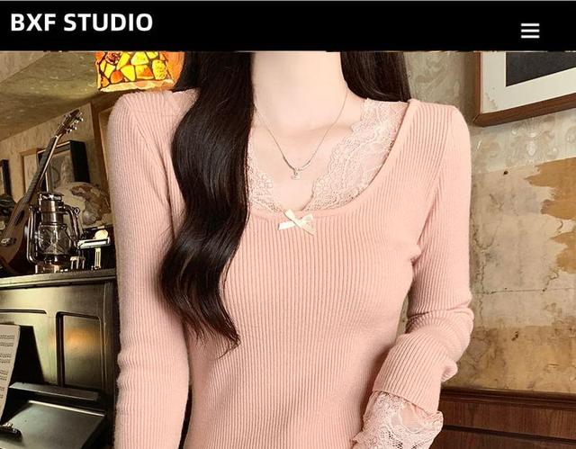 Long-Sleeve V-Neck Plain Lace Trim Ribbed Knit Top Product Image