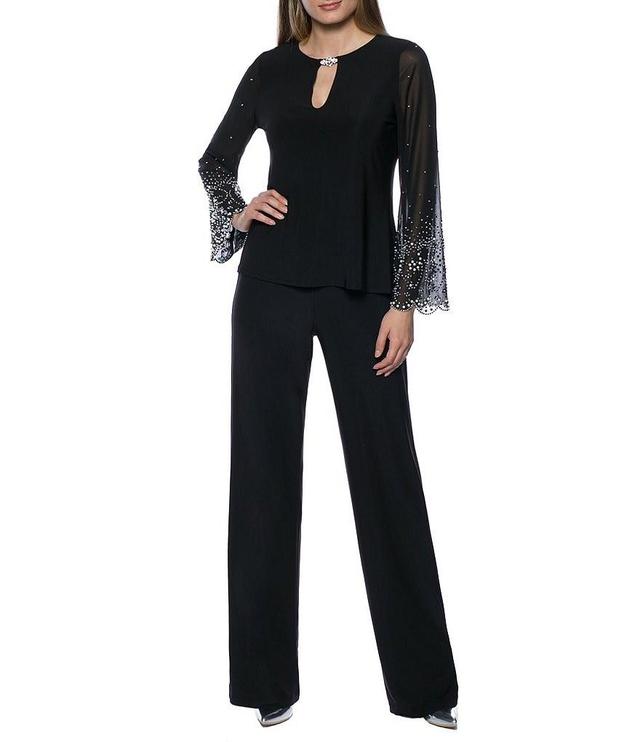 Marina Keyhole Rhinestone Neck Beaded Bell Long Sleeve Matte Jersey 2-Piece Pant Set Product Image