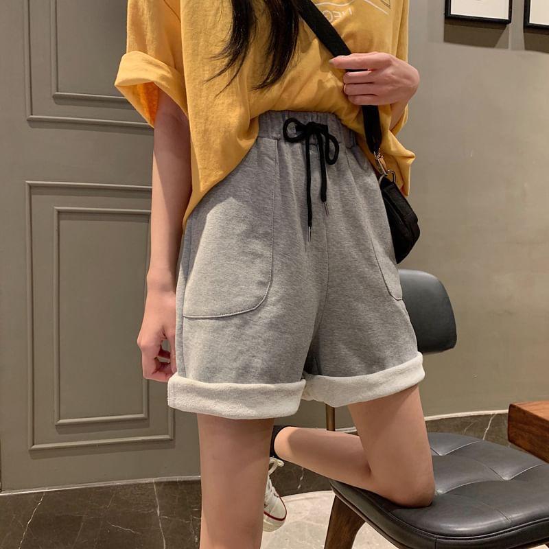 High Waist Plain Wide Leg Sweat Shorts Product Image