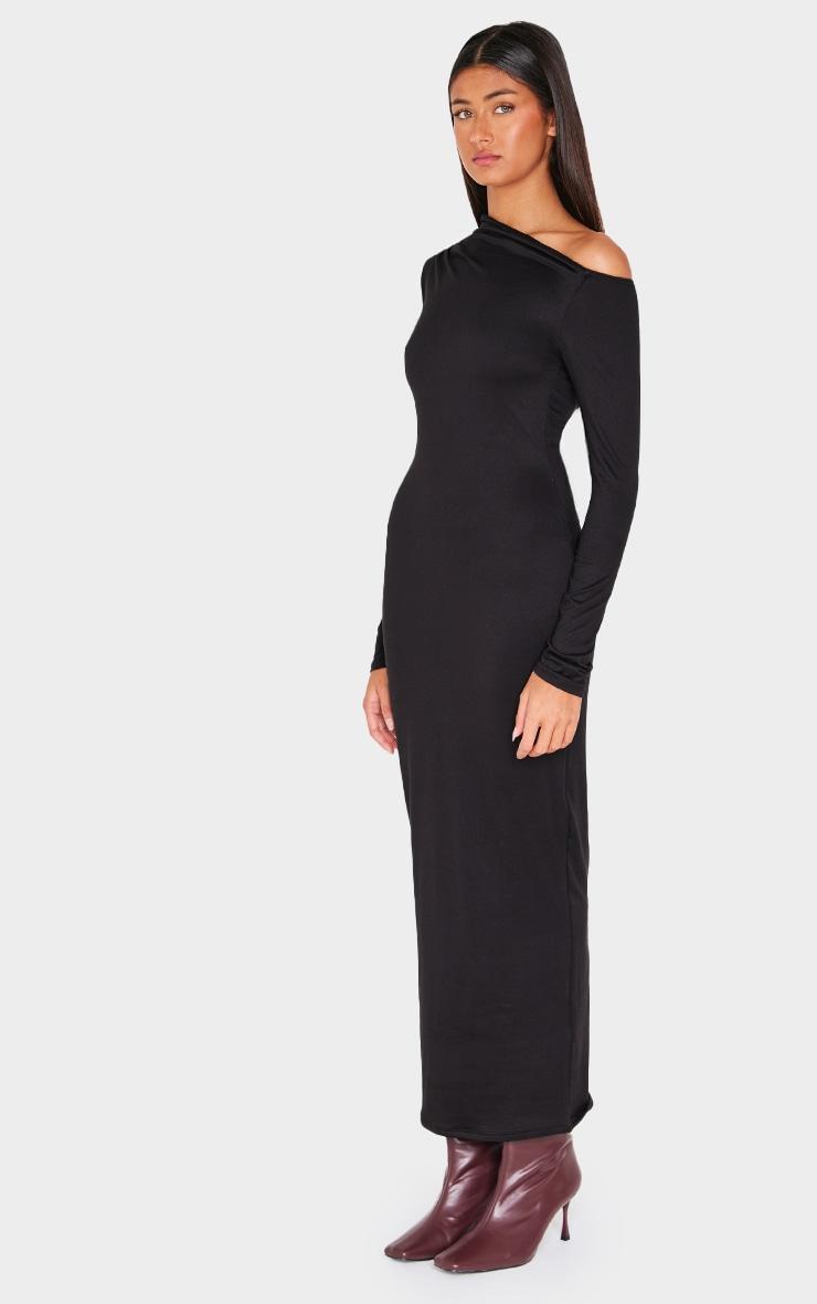  Black Double Contour Asymmetric Long Sleeve Maxi Dress Product Image