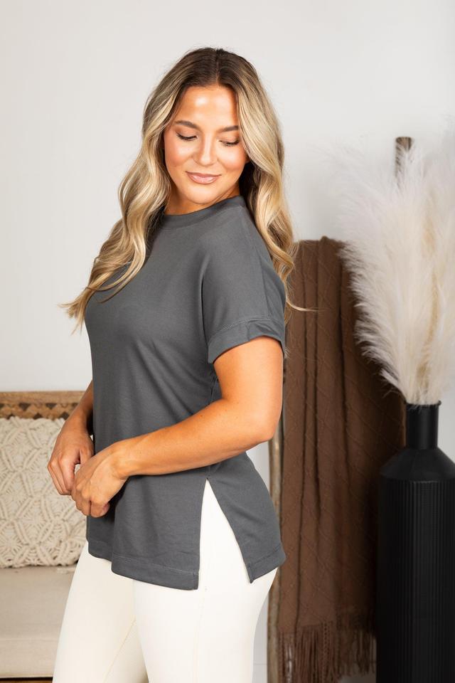 Charcoal Short Sleeve Top With Side Slits Product Image