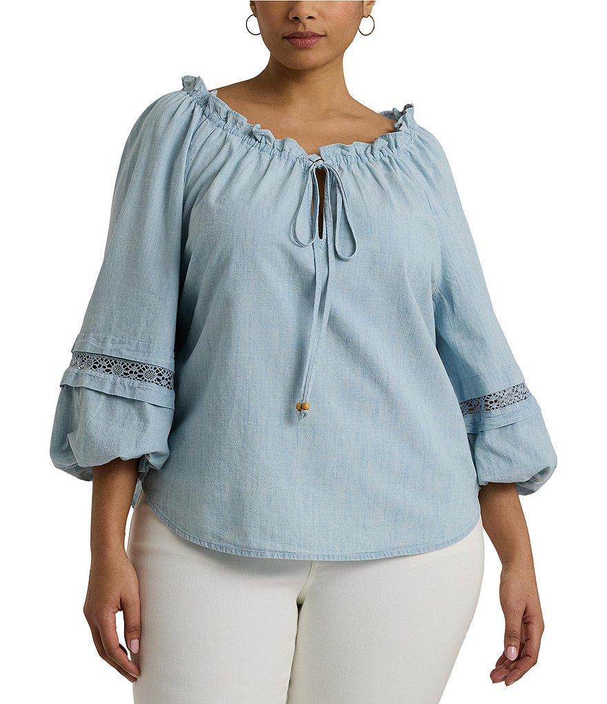 Lauren Ralph Lauren Plus Size Chambray Cotton Ruffle Keyhole Neck Lace Detail 3/4 Blouson Sleeve Denim Top Product Image