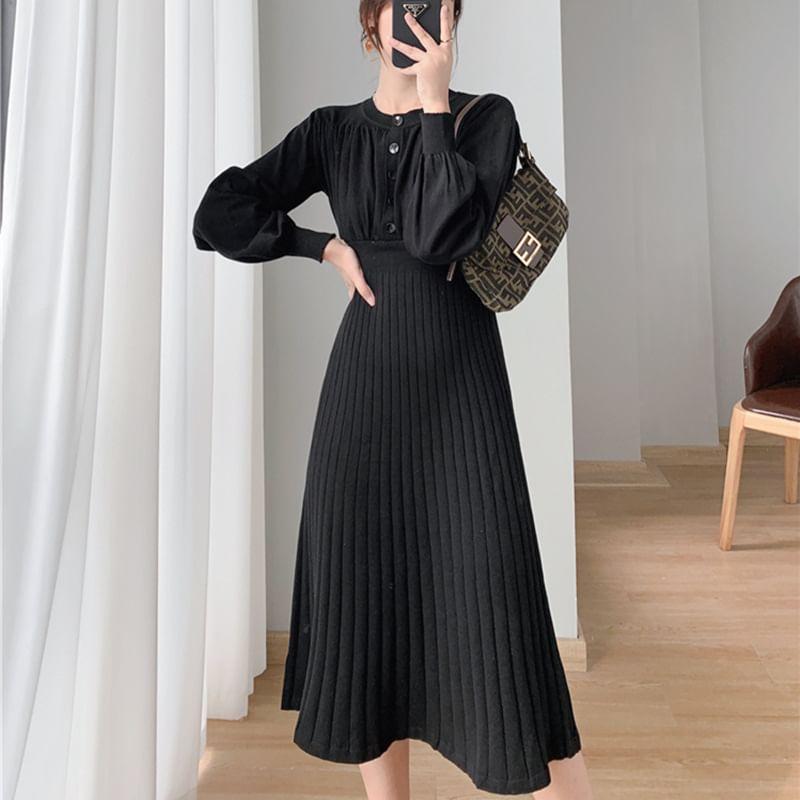 Long-Sleeve Crewneck Plain Knit Midi A-Line Dress Product Image