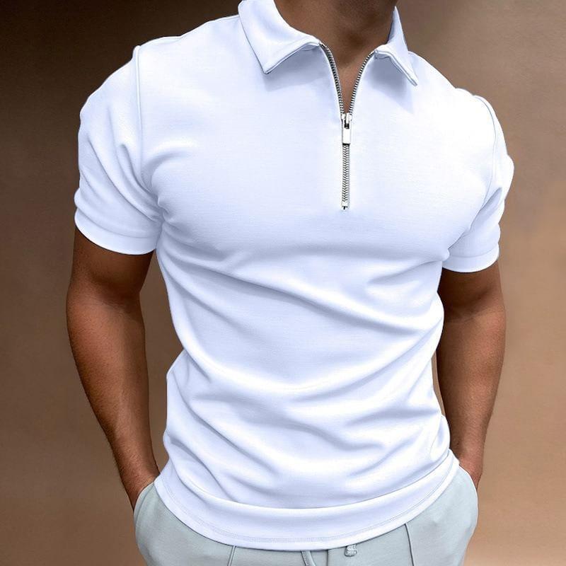 Short-Sleeve Collared Plain Half-Zip T-Shirt Product Image