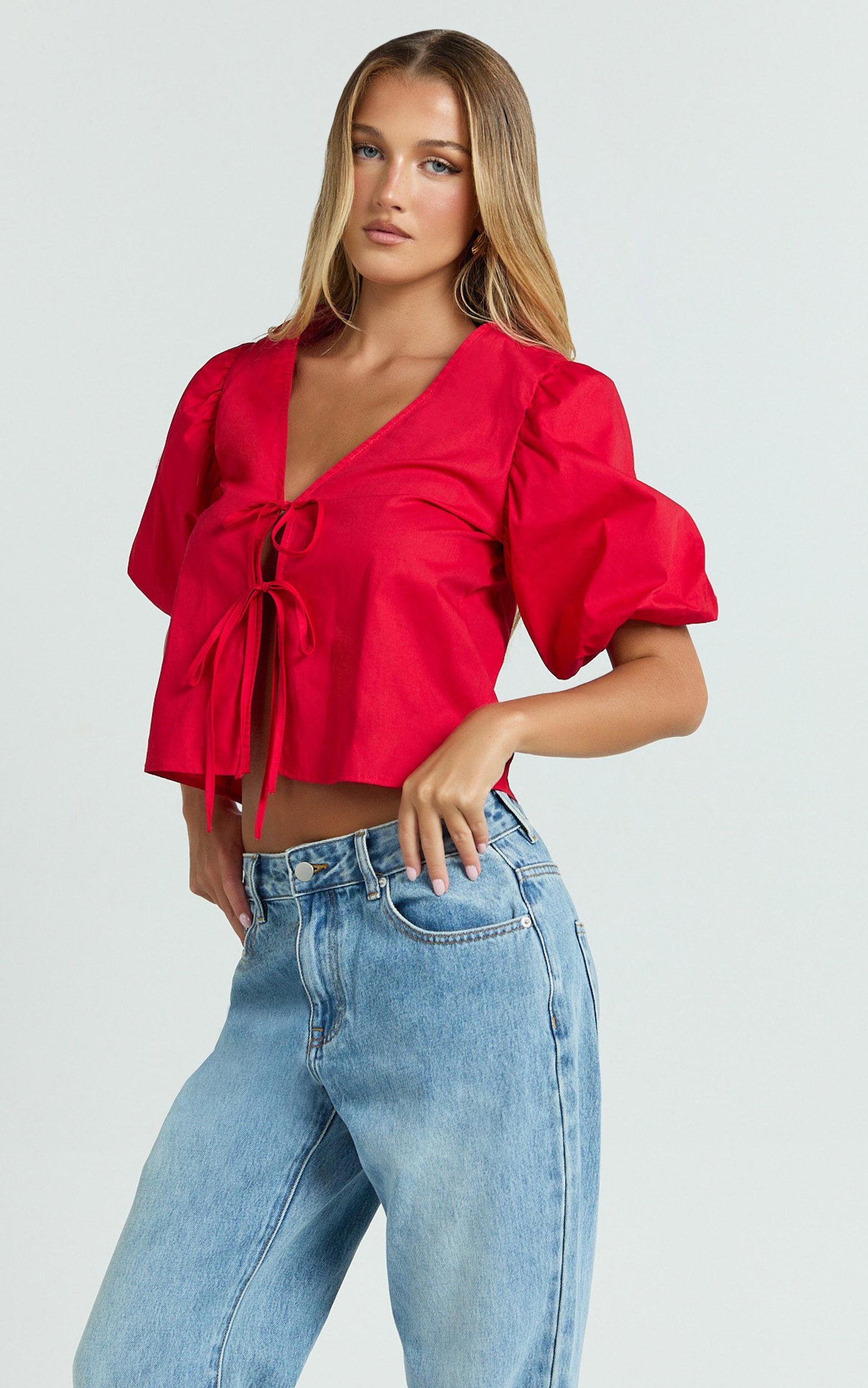 Dana Top - Bow Tie Front Puff Sleeve Blouse in Red Product Image