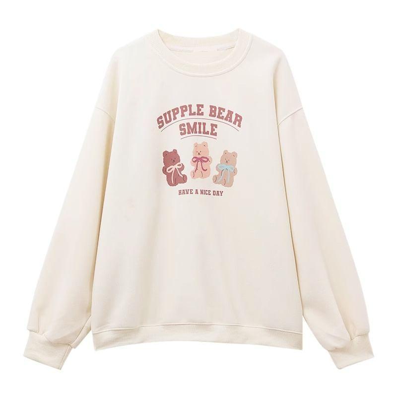 Long Sleeve Bear & Lettering Print Loose-Fit Pullover Product Image