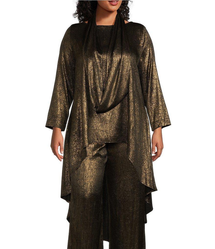 IC Collection Plus Size Woven Metallic Boat Neck High-Low Hem Self Scarf Tunic Product Image