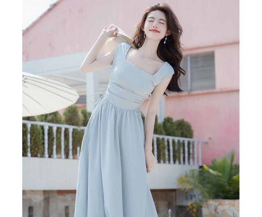 Cap-Sleeve Square Neck Plain Drawstring Maxi A-Line Dress Product Image