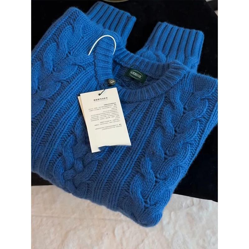 Round Neck Plain Cable Knit Sweater Product Image