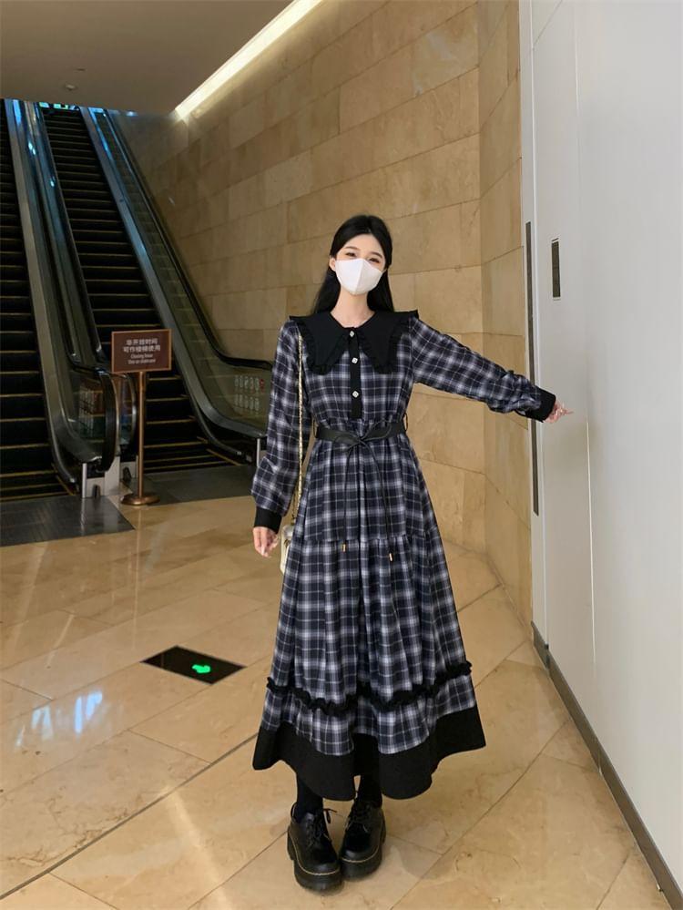 Set: Long-Sleeve Collar Plaid Midi A-Line Dress + Belt Product Image