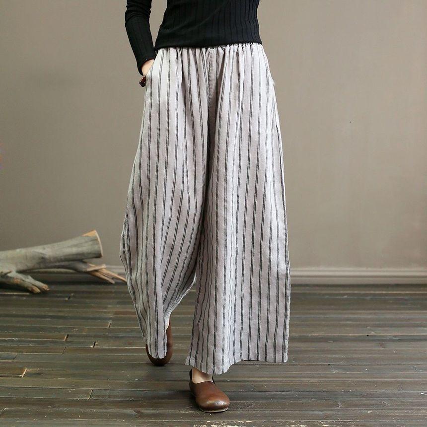 Mid Waist Striped Cropped Wide Leg Pants Product Image