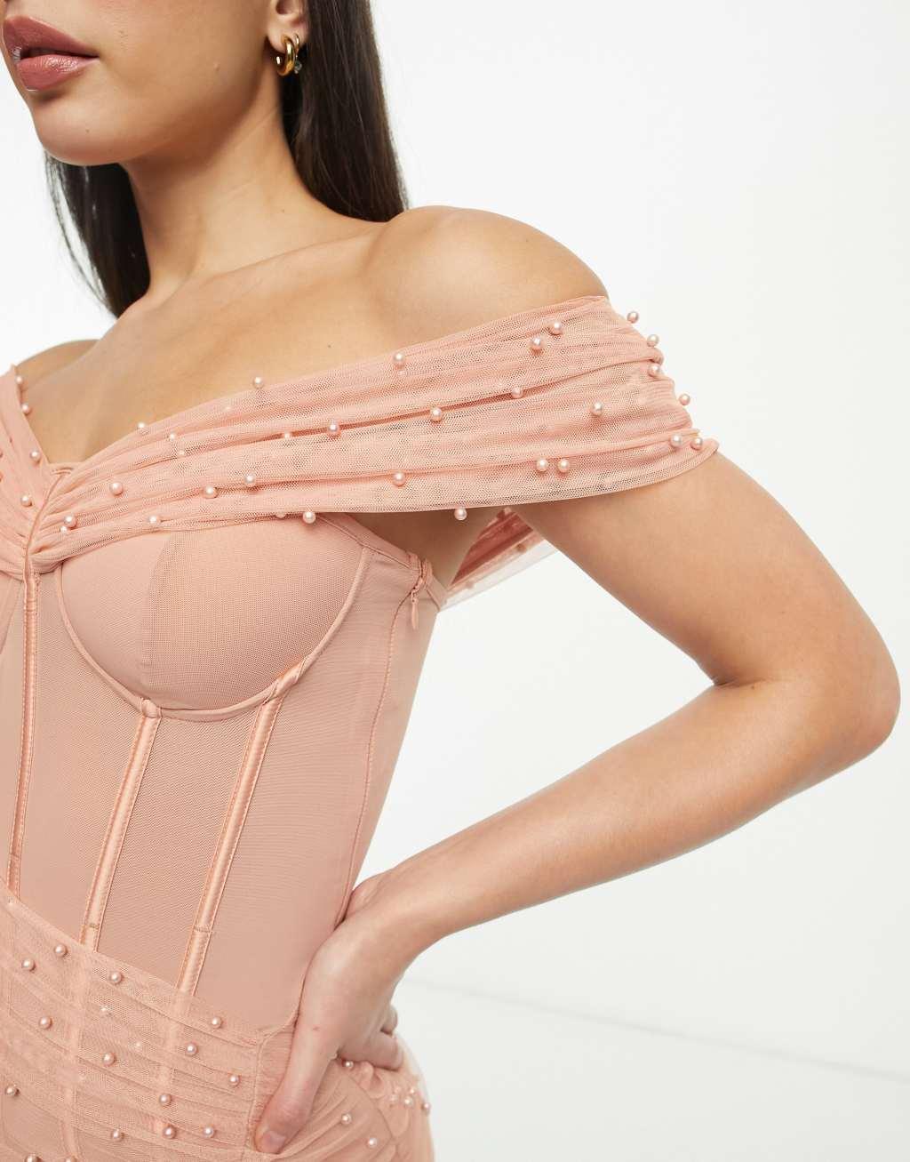 ASOS DESIGN Tall pearl mesh corset bardot midi dress in dusky pink Product Image