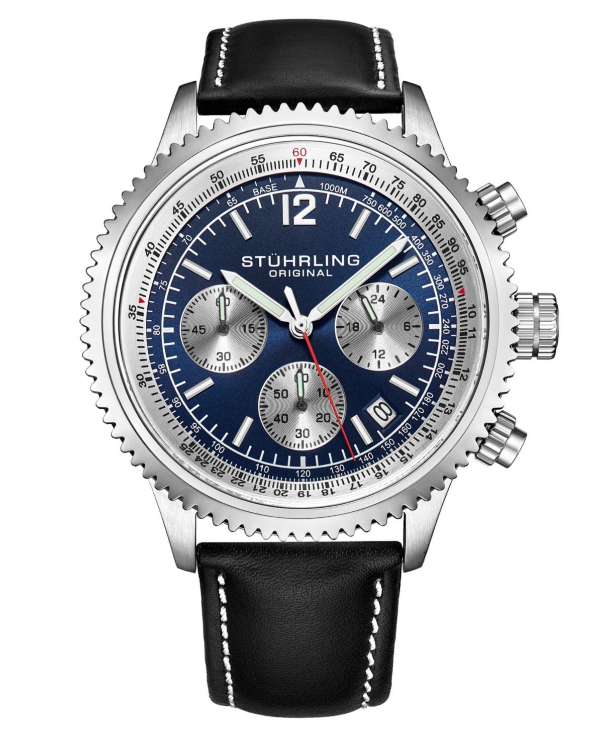 Stuhrling Mens Monaco Black Leather, Blue Dial, 47mm Round Watch - Black Product Image