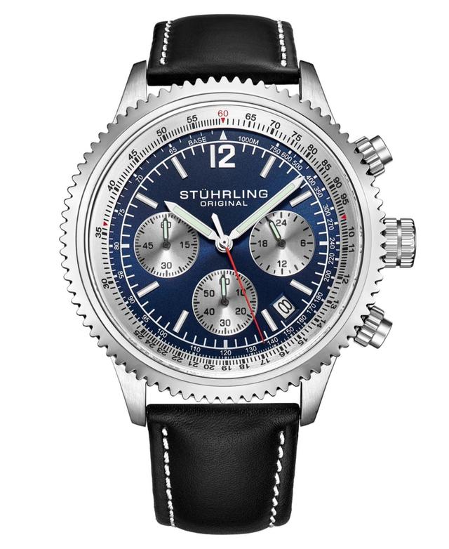 Stuhrling Mens Monaco Black Leather, Blue Dial, 47mm Round Watch - Black Product Image