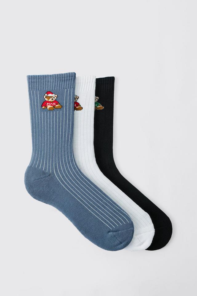 Mens Multi 3 Pack Teddy Bear Christmas Socks, Multi Product Image