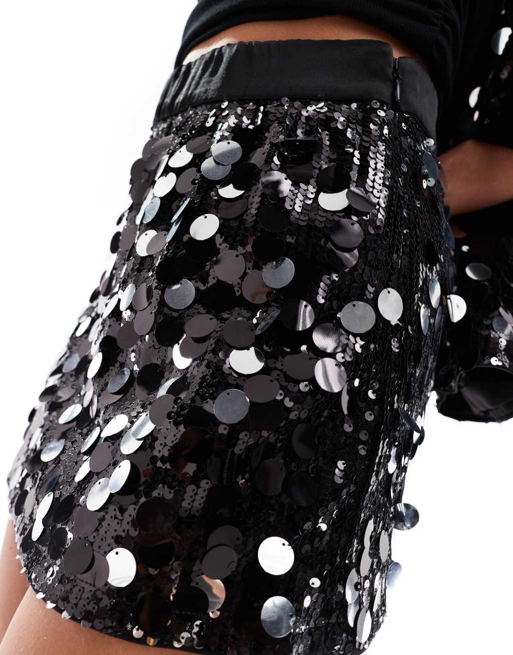 ASOS DESIGN Petite disco sequin tailored mini skirt in black Product Image