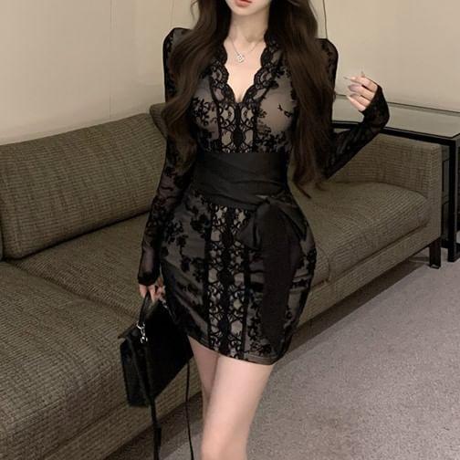 Long-Sleeve V-Neck Tie Waist Lace Bodycon Dress (Various Designs) Product Image