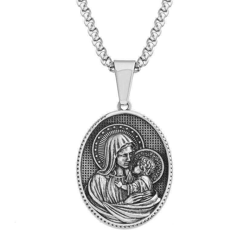 1913 Mens Oxidized Stainless Steel Mary & Child Pendant Necklace Product Image