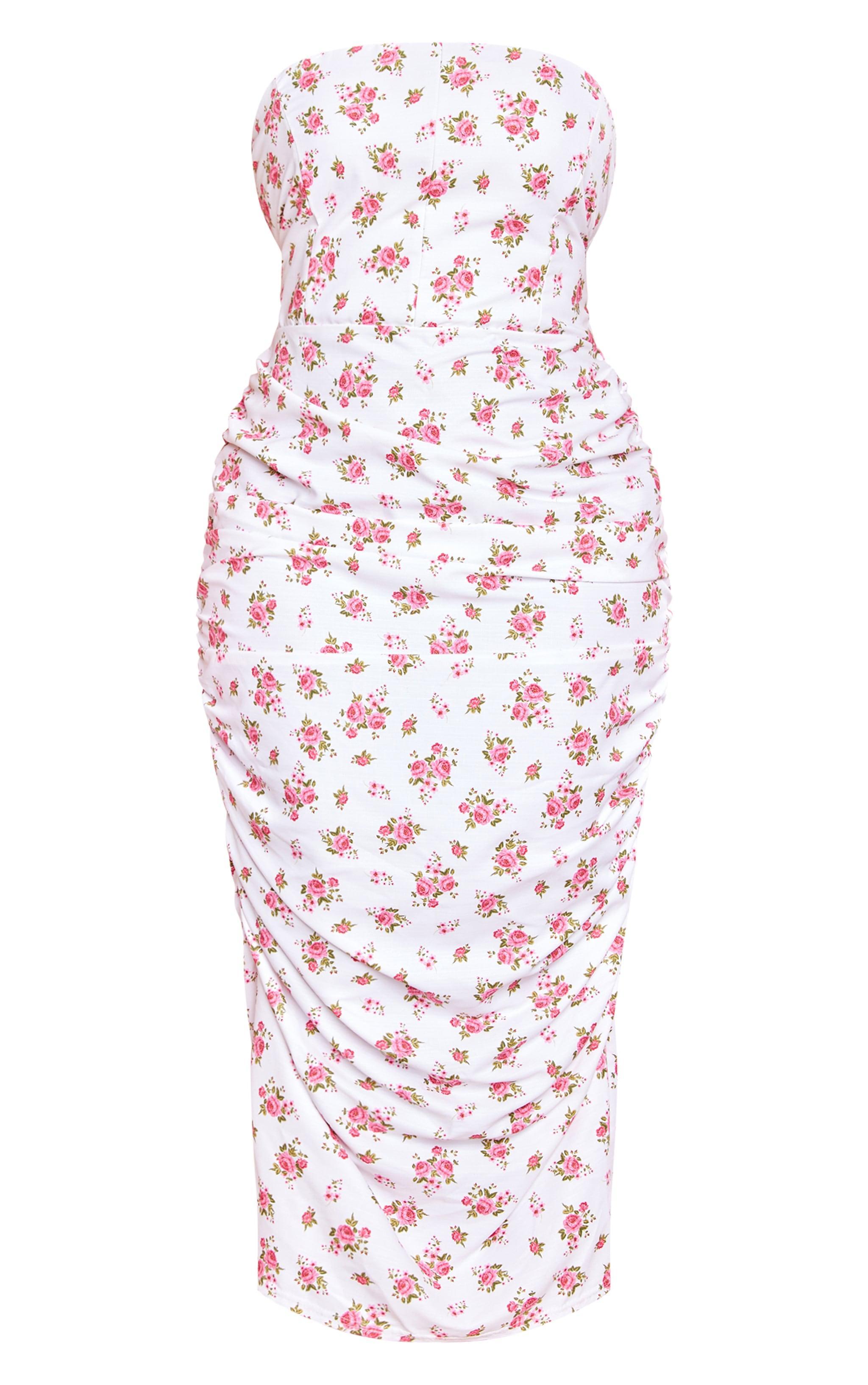 Plus White Floral Print Strapless Corset Ruched Side Maxi Dress Product Image