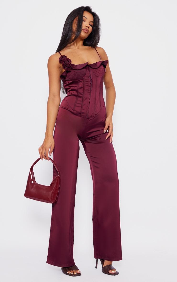 Plum Satin Corsage Corset Strappy Jumpsuit Product Image