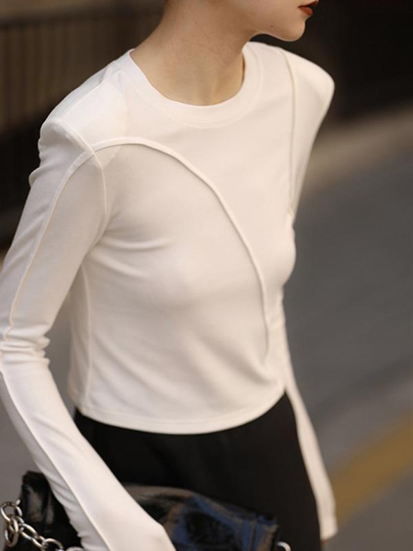 Long Sleeves Skinny Shoulder Pad Solid Color Round-Neck T-Shirts Tops Product Image