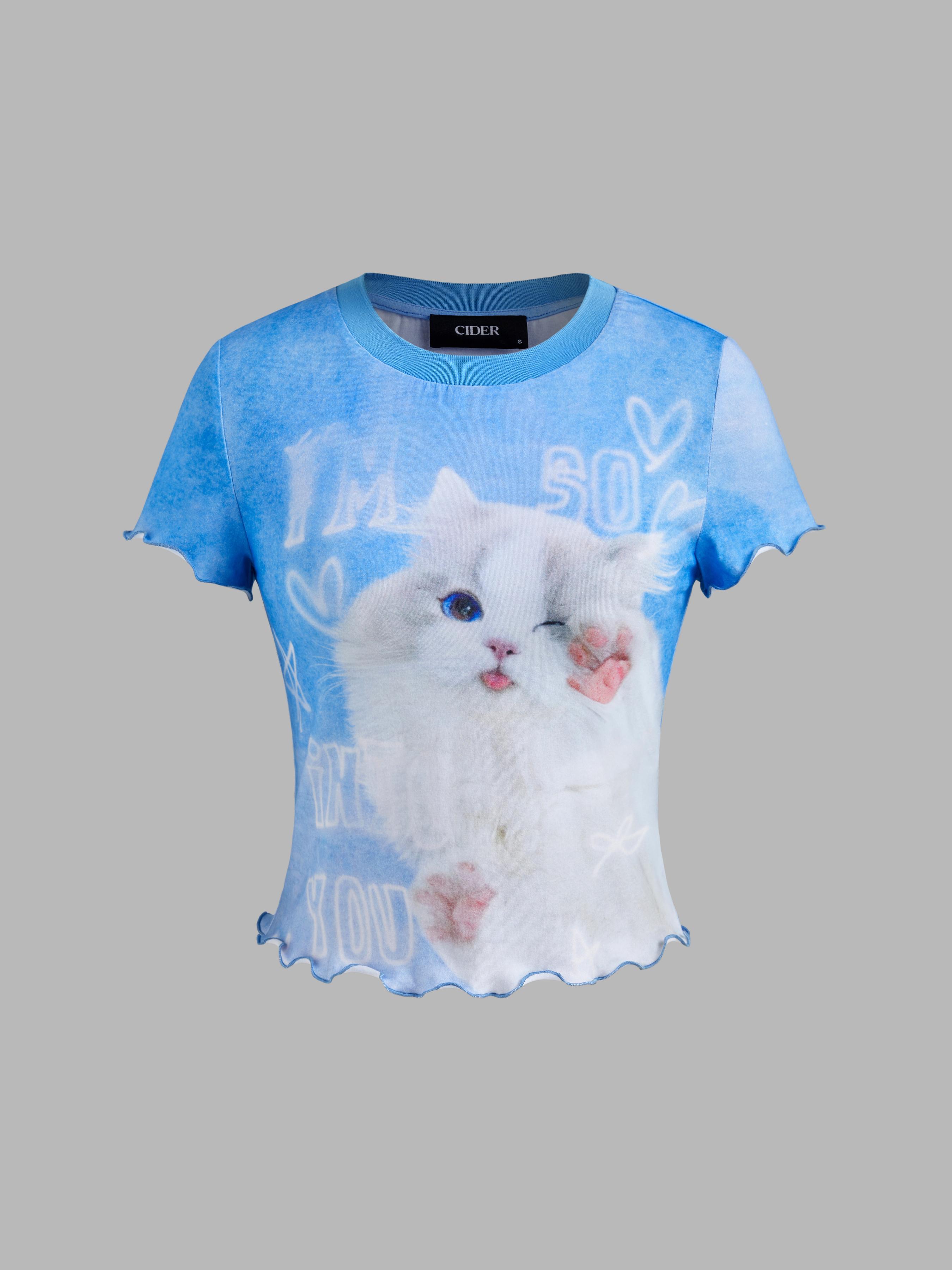 Cotton-blend Round Neckline Cat Graphic Lettuce Trim Short Sleeve Tee product image