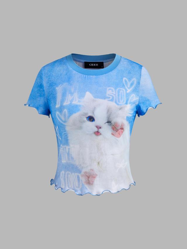 Cotton-blend Round Neckline Cat Graphic Lettuce Trim Short Sleeve Tee Product Image